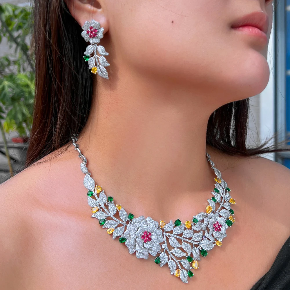 CWWZircons Luxury African Nigerican Cubic Zirconia Gold Color Big Rose Flower Bridal Wedding Necklace Earrings Jewelry Set T0637