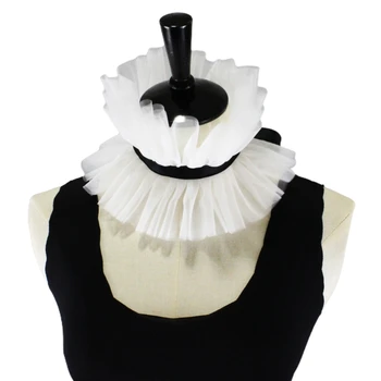 Women Victorian Vintage Mesh Ruffled Stand False Fake Collar Lace-Up Ribbon Bowknot Steampumk Neck Ruff Elizabethan Cosplay