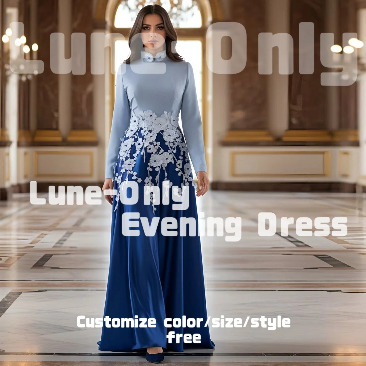 

Customized Blue Long Sleeves Flower Appliques Luxury Women Evening Dresses Elegant Party Gown A-Line Beads Prom Formal Dress