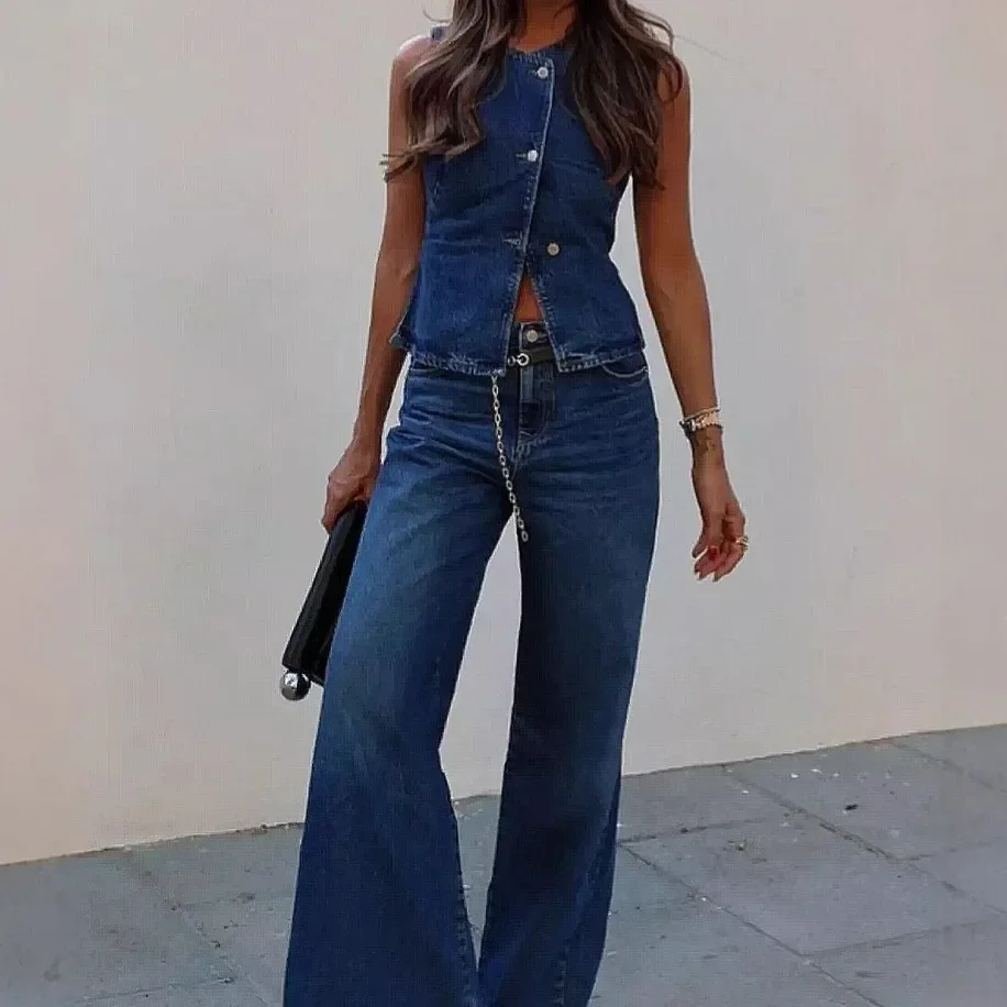 

Fashion Denim Single Breasted Sleeveless Slim Vest and Wide Leg Pants Suit Casual Communte Outfits Jeans Casual Ensemble