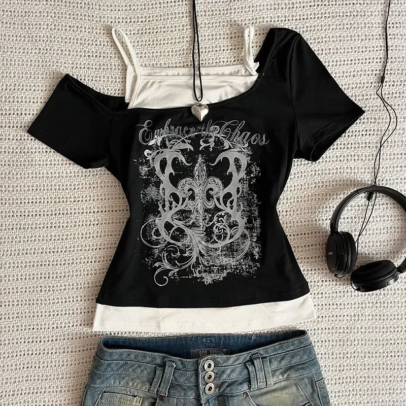 

Women's 90s Vintage Punk T-Shirt Summer Streetwear Sexy Short Sleeve Gothic Slim Crop Top Hotgirl Casual Femme Tee Harajuku Y2k