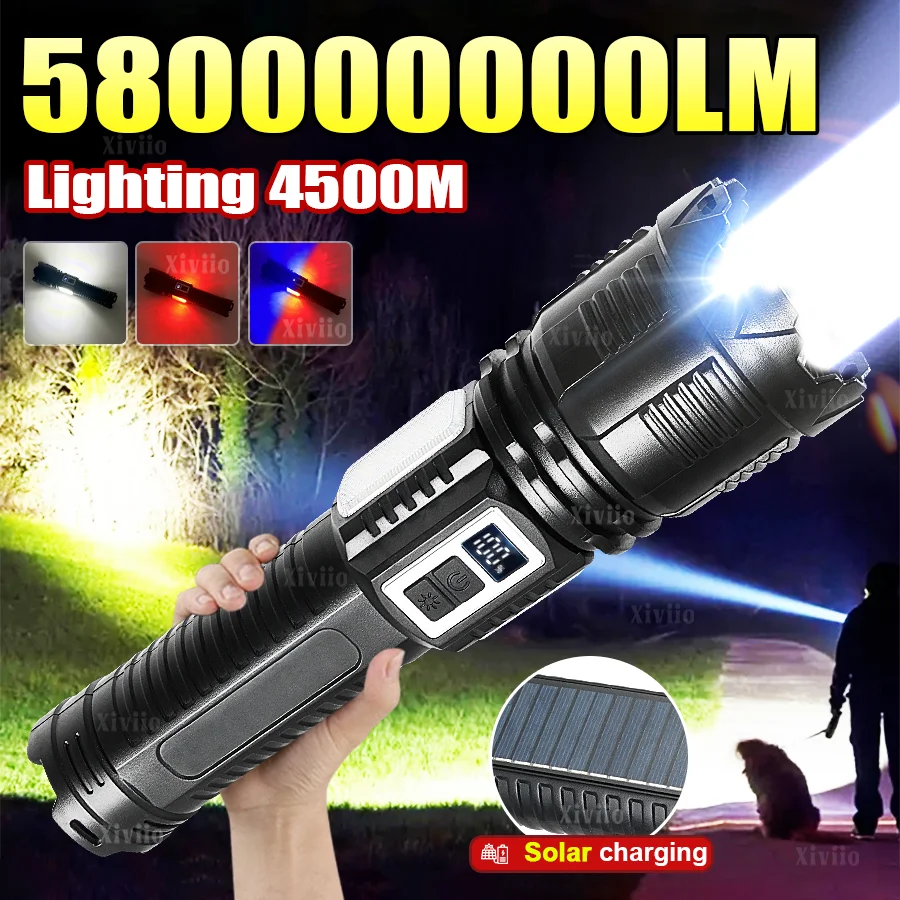 

Светодиодный фонарик высокой мощности 58000000LM Мощный солнечный фонарик USB перезаряжаемый тактический фонарь 18650 Супер яркий фонарь аккумуляторный15000 мАч Фонарь для кемпинга и рыбалки Аварийная рабочая лампа