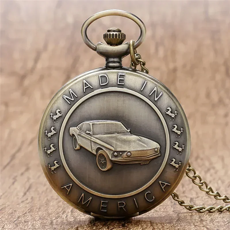 Retro Bronze Car Pattern Full Hunter Necklace Chain Quartz Pocket Watch for Men Women Pendant Fob Watches Vintage Gifts Reloj