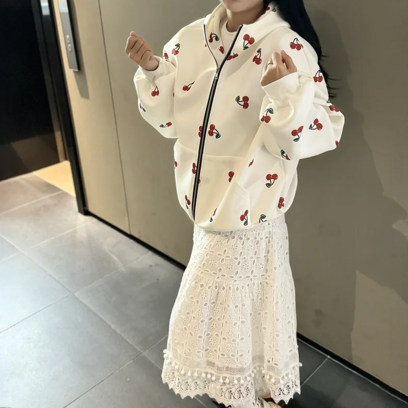 Autumn Cherry Pattern Printed Women Hoodie Sweatshirts Loose Fit Outdoor Sports Jacket Coat Advanced Fabric 24-hour Shipping