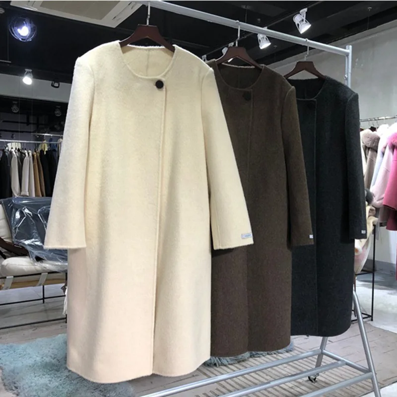 New Women Camel Wool Double-sided Coat Casual Loose Thick O-neck Cashmere Woolen Coat Temperament Outerwear Female Fit Autumn