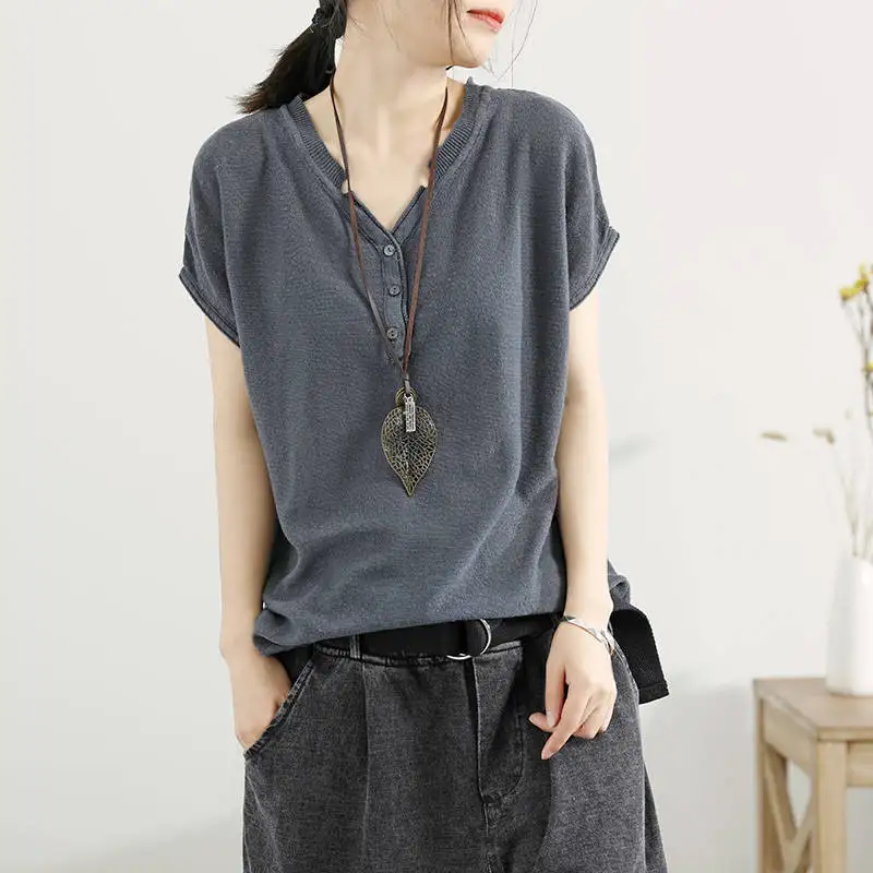 Special Offer Spring Summer Women's V-Neck Ice Silk Knitted Top Thin Short Sleeve T-Shirt Straight Cut Classic  Color