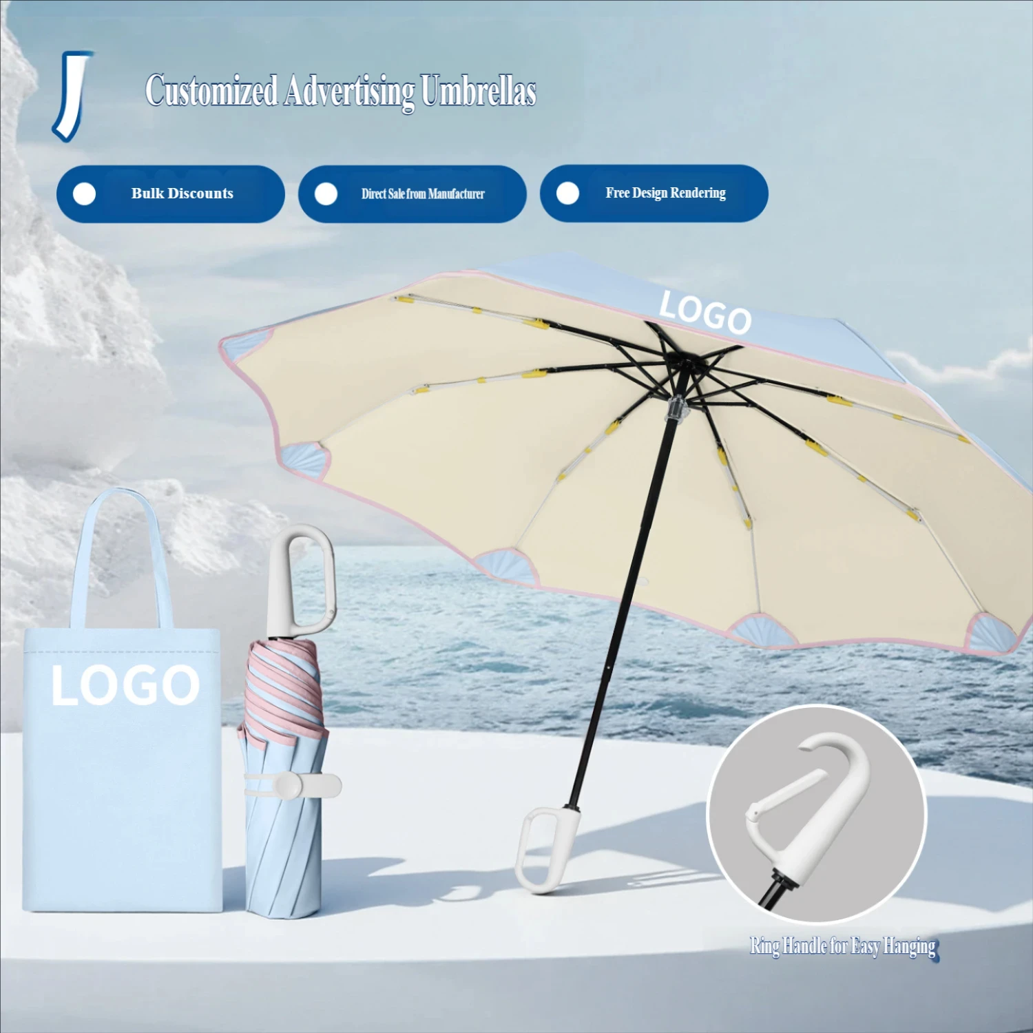 Fresh Creative 3-Fold Manual Umbrella, 8 Ribs, Round Corner Buckle Handle, Color Coated Fabric, Sun and Rain Dual Use