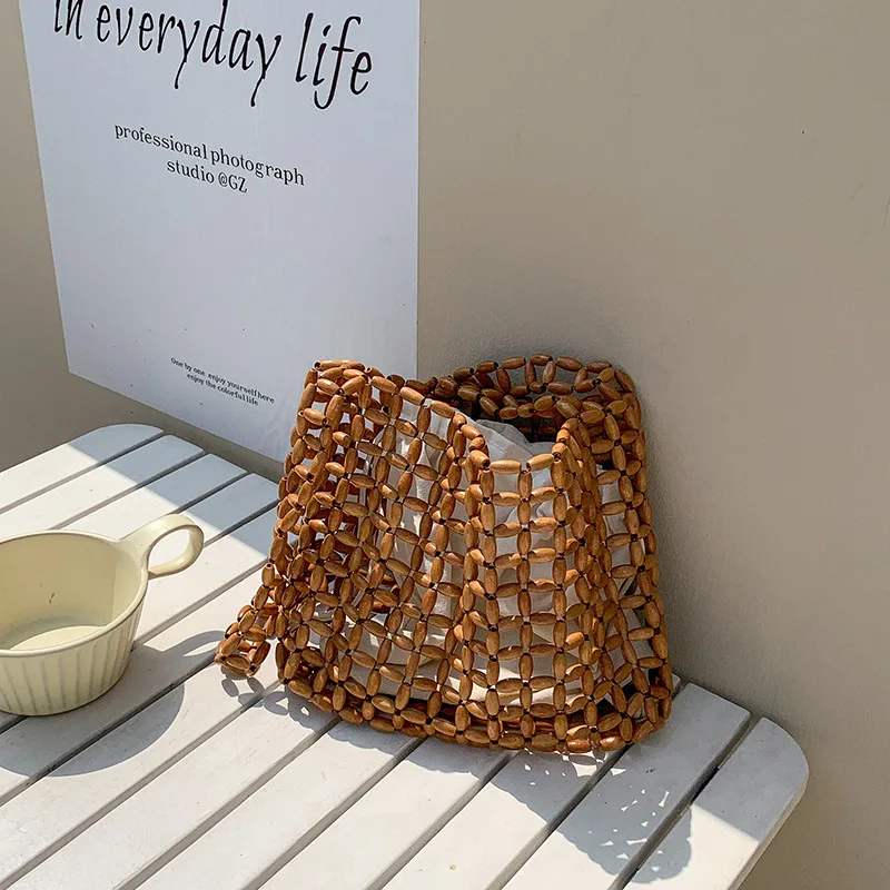 Summer Women\'s Bag New Casual Beaded Crossbody Bags Fashionable INS High Quality Weaving Hollow Out Wooden Bead Beach Handbag