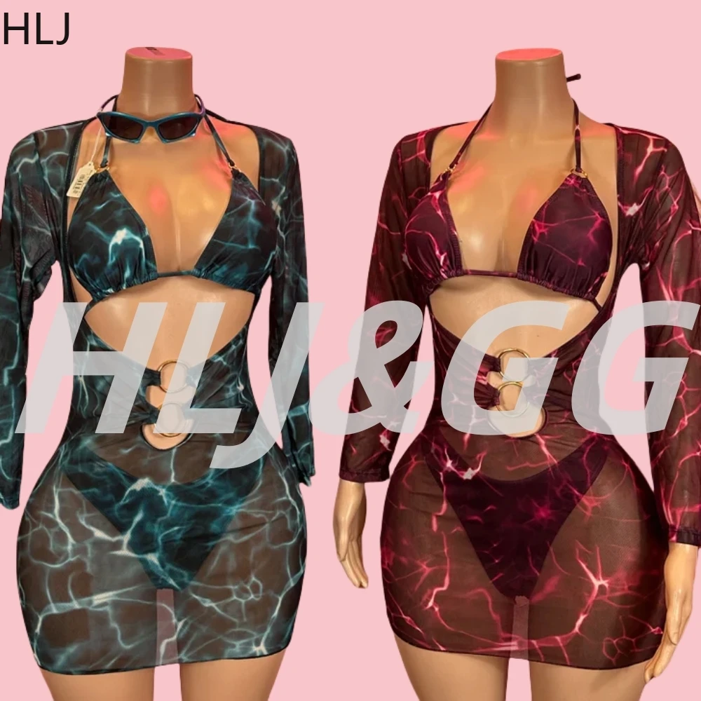 

HLJ Sexy Tie Dye Printing Bikini 3 Piece Sets Fashion Halter Long Sleeve Slim Hollow Outfits Fashion Separate Triangle Swimsuit