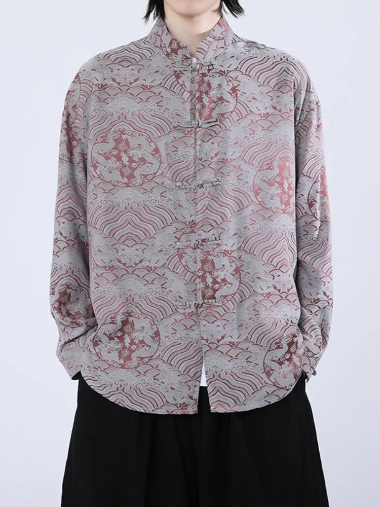 

Мужская куртка в китайском ретро-стиле с длинными рукавами, пуговицами, вышитым узором дракона, воротником-стойкой, для весны и осени