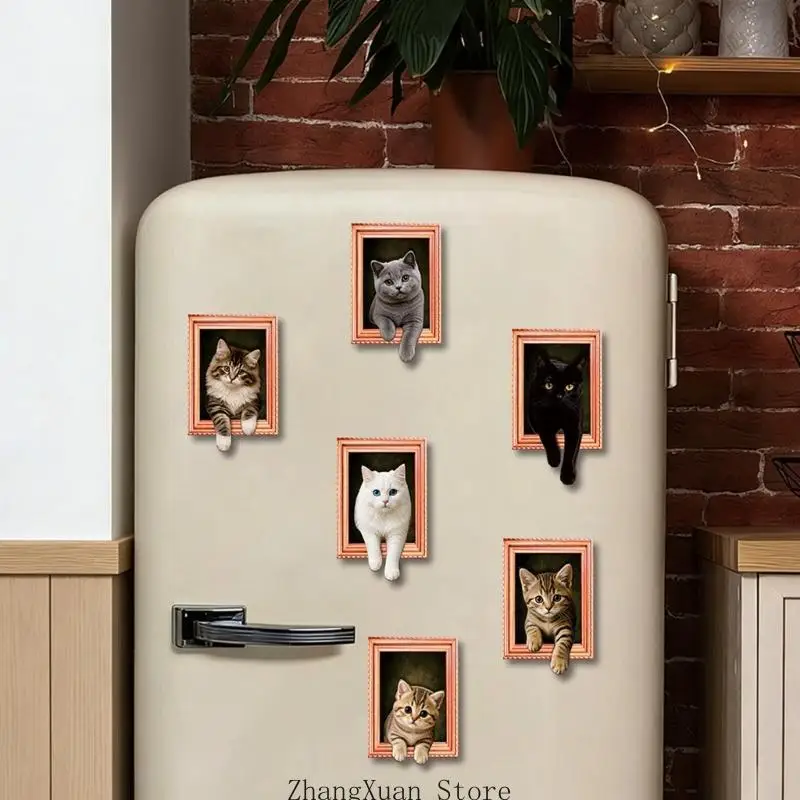 Gerahmte 3D-Katzen-Kühlschrankmagnete für Küchendekorationen, Holzakzent für Schließfächer, Whiteboards und Home-Office-Display – Detail 3
