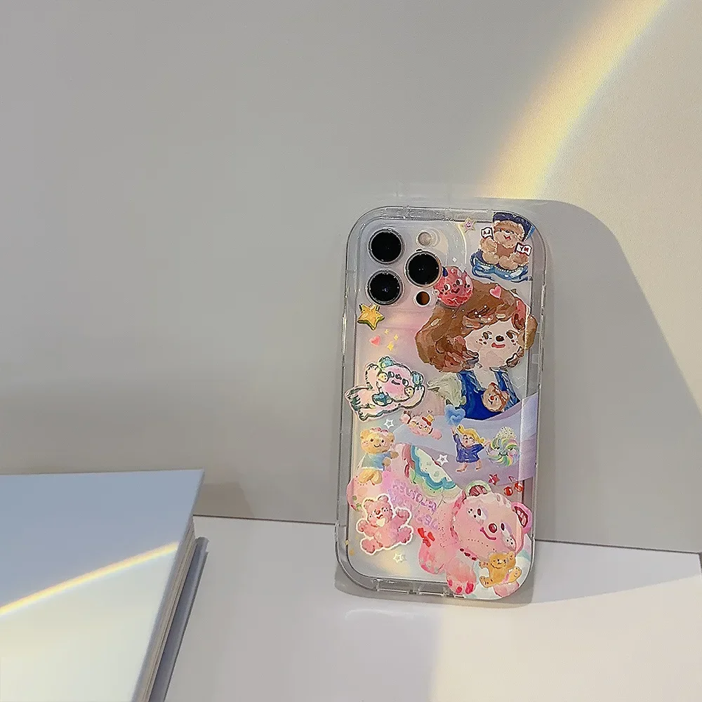 Oil Painting Little Girl and Bear Party Phone Case for IPhone16 15 14 13 12 11 Pro Mini XS Max 8 7 Plus X XR Shockproof Cover