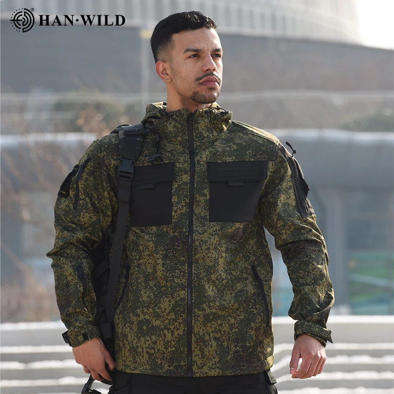 HAN WILD Softshell Jacekt Men Winter Hooded Jacket Waterproof Sharkskin Warmth US Tactical Coat Big Pockets Hiking Hunt Coat