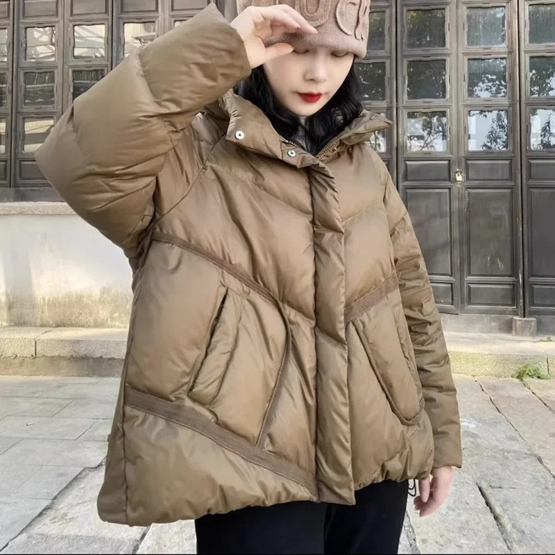 Lagabogy 2024 Hooded Puffer Jacket Women Winter Thickened White Duck Down Warm Bread Coat Female Loose Versatile Casual Outwear