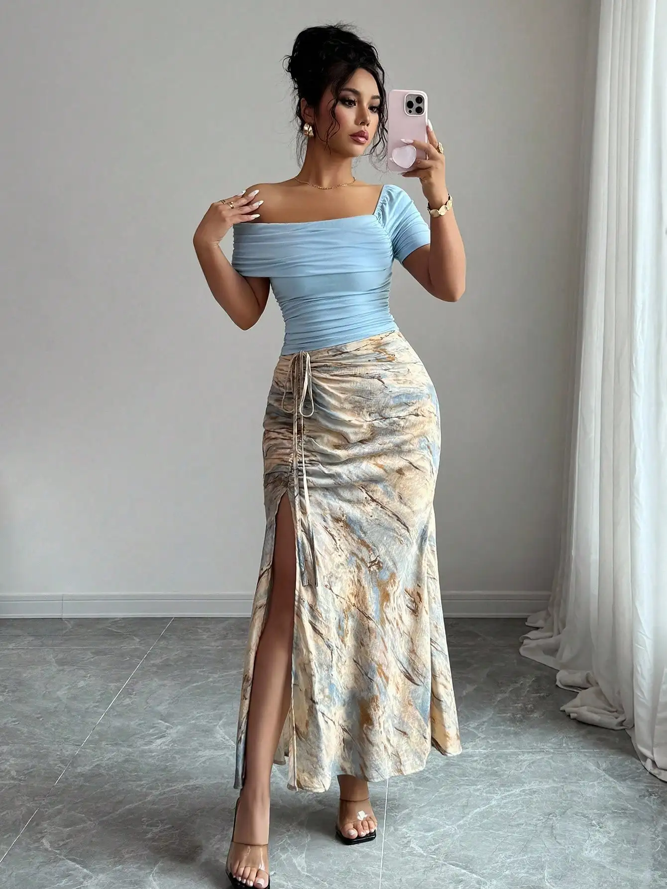 2-Piece Women's Set: Off-Shoulder Ruched Top & Marble Print Side Slit Skirt