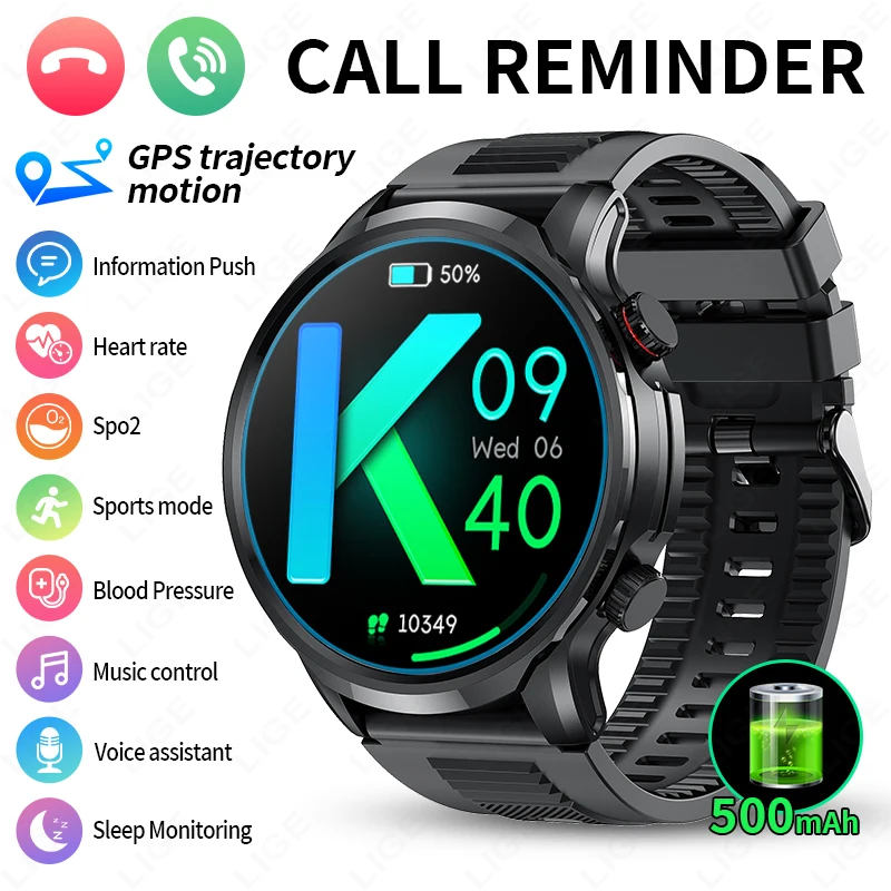 

LIGE New GPS Tracker Smart Watch Men 500mah Battery 1.95'' HD Screen Watches Bluetooth Call Waterproof Military Sport Smartwatch