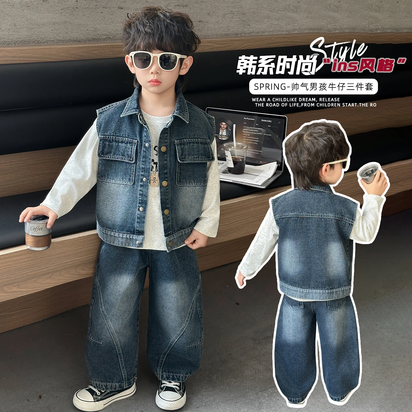 2-11Y Children's Clothing 2026 Spring Autumn Cool Boys New Korean Style Retro Sleeveless Denim Vest and Jeans Loose 3-piece Set