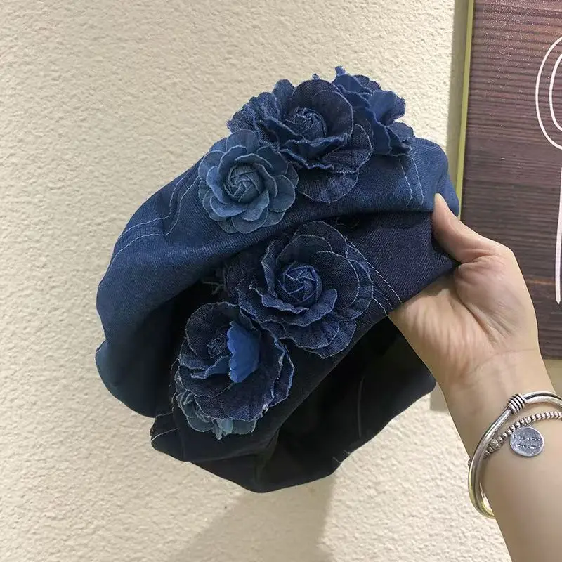 

Ladies New Denim Beret Hats Flower Cowboy Vintage Luxury Hat Women Retro Casual Painter Hat Female Trendy Spring Autumn Hat
