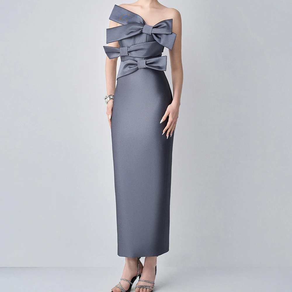 

Customized Straight Evening Dresses Tea-length Strapless Sleeveless Prom Gown Simple Fashion Bow Backless Casual Party Gown