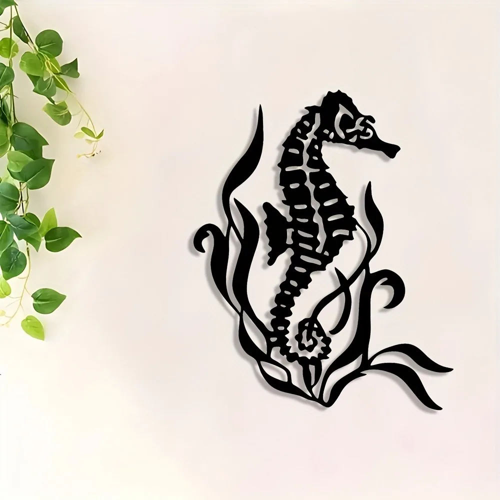 CIFBUY Coastal Seahorse & Seaweed Iron Metal Wall Art, Black Cutout Sculpture Hanging Decor & Living Room Bedroom Home Ornament