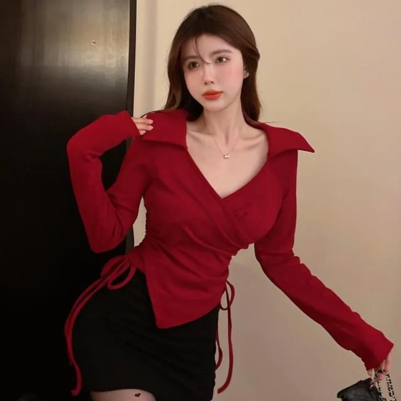 

Женская футболка с длинными рукавами и v-образным вырезом на шнурке Pure Desire, весенне-осенний нишевый топ нестандартного дизайна