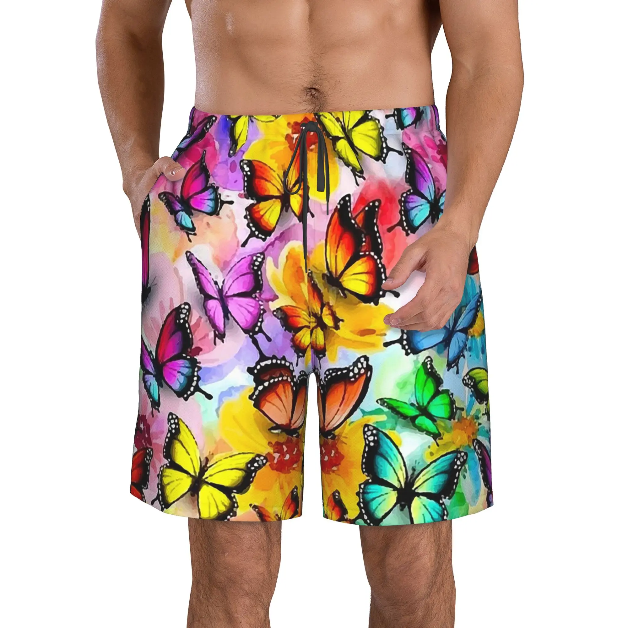 Colorful Butterfly Watercolor Painting Art Trunks Beach Board Shorts Casual Quick Dry Swim Summer Men Pants