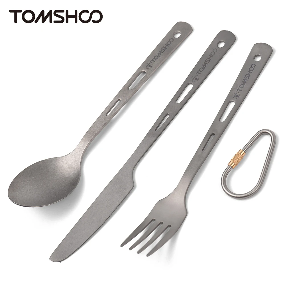 TOMSHOO Titanium 3PCS Cutlery Set Lightweight Spoon Fork Cutter with Carabiner and Drawstring Sack for Outdoor Camping Tableware