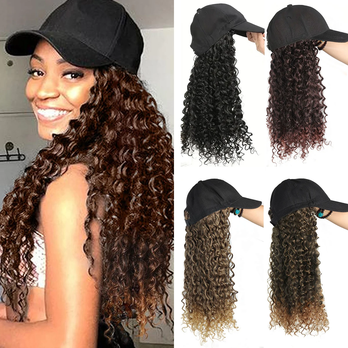 

Кудрявый вьющийся парик для шляпы, длинные синтетические волосы, соединенные с бейсболкой, парик, шляпы для женщин