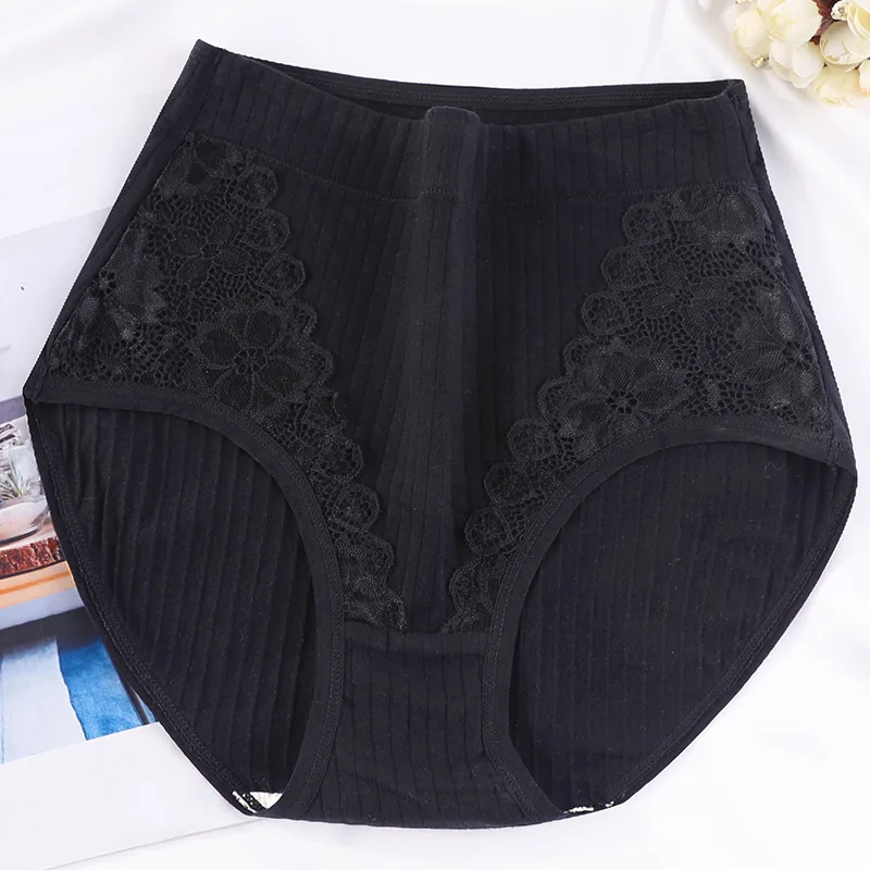 Threaded Cotton Plus Size Ladies Panties Lace High Waist Mom Oversized Briefs