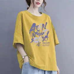 Ladies Casual Korean Printing O-neck Oversized Top Tee Summer All-match Letter Loose Cotton T-Shirt Women Clothing Pullover Tops