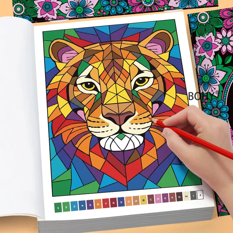 A Coloring Book for Adult Digital Zoning, Themes Such As Tigers, Parrots, Jungle Birds, Coral Fish, and Mandalas, 32 Pages