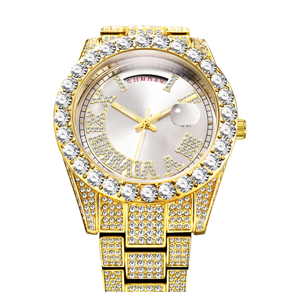 MISSFOX Luxury Men Wristwatch Business Bling Iced Out Diamond Automatic Date Quartz Watches Luminous Stainless Steel Mens Reloj