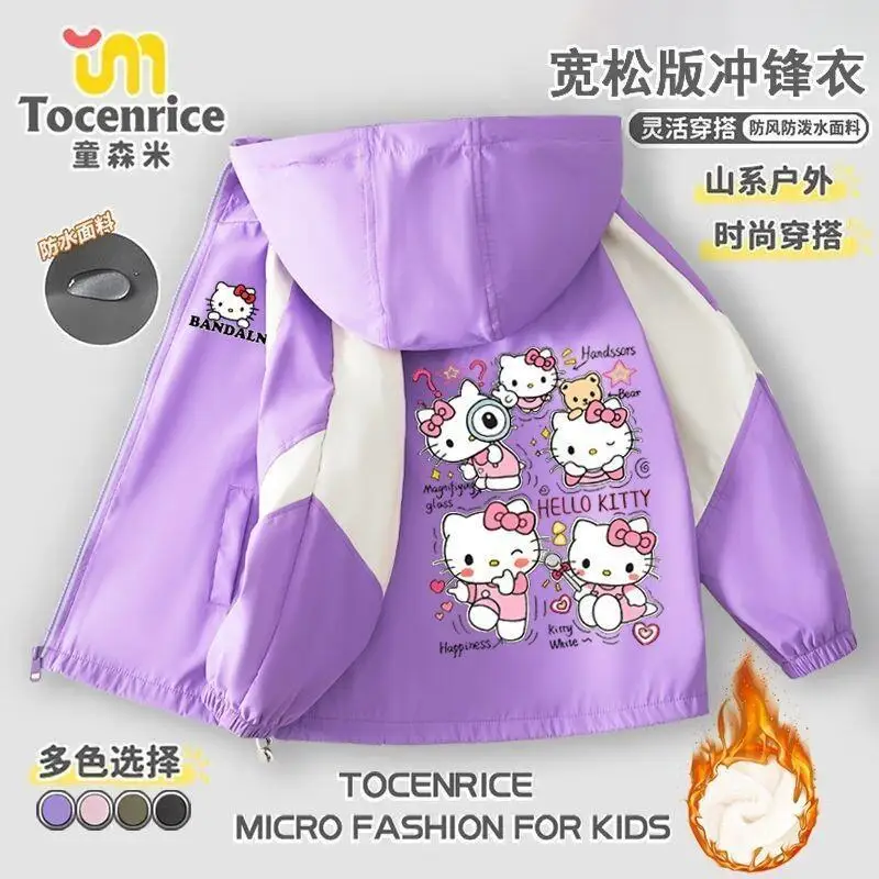 

Куртка-ветровка Sanrio Hello Kitty для девочек на флисовой подкладке, водоотталкивающая, для улицы, осенне-зимняя, модная, средний и большой размер, детское пальто