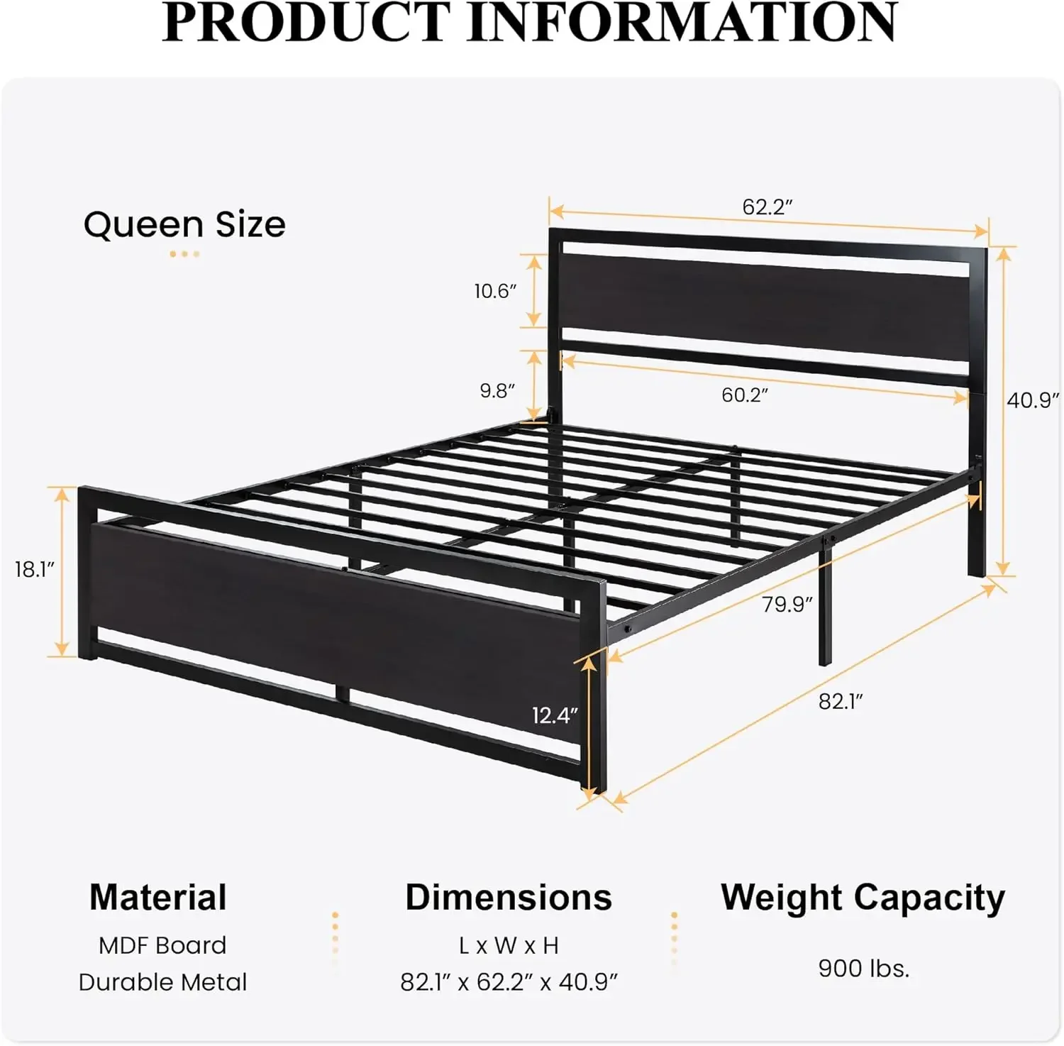 Queen Size Bed Frame with Modern Wooden Headboard/Heavy Duty Platform Metal Bed Frame with Square Frame Footboard & 1