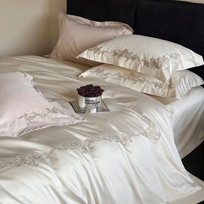 Elegant Flowers Embroidery Luxury Bedding Set Queen King 100S Egyptian Cotton Home Textile Bed Sheet Pillowcase Quilt Cover Set