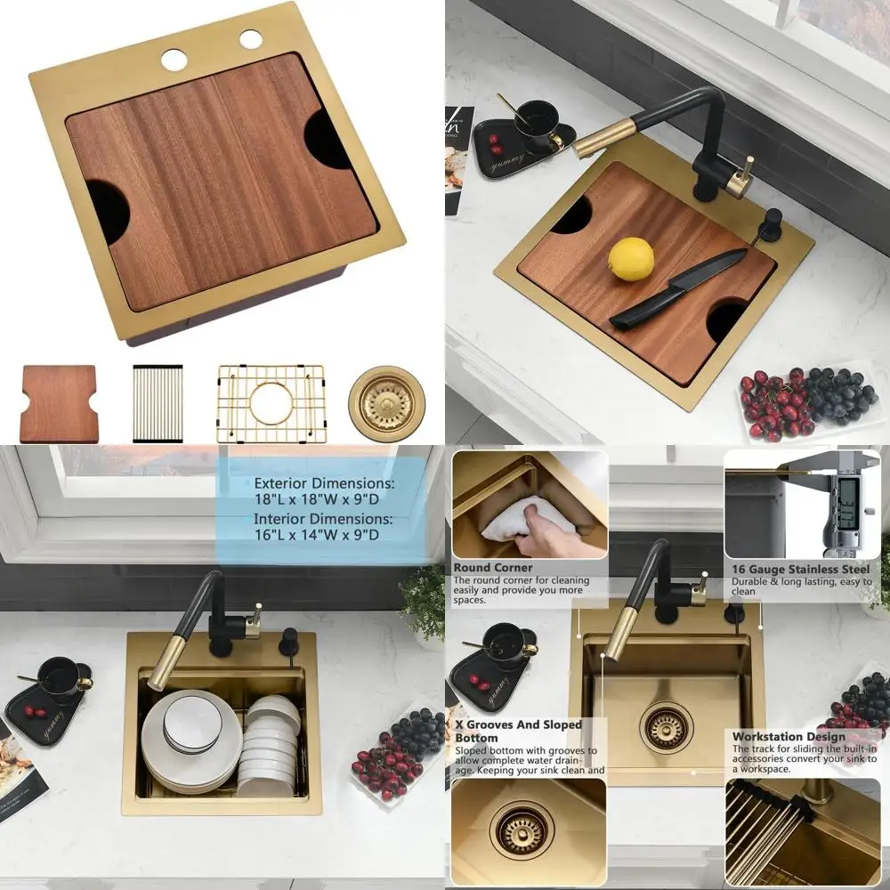 

18 Inch Drop-In Wet Bar Sink - 16 Gauge Brushed Gold Stainless Steel Kitchen Sink for RV and Home Use