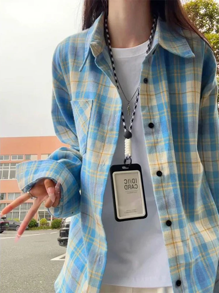 

American Retro Blue Plaid Shirt Long Sleeve Autumn Design Sense Unisex Checkered Patterned Open Cardigan Outerwear Coat