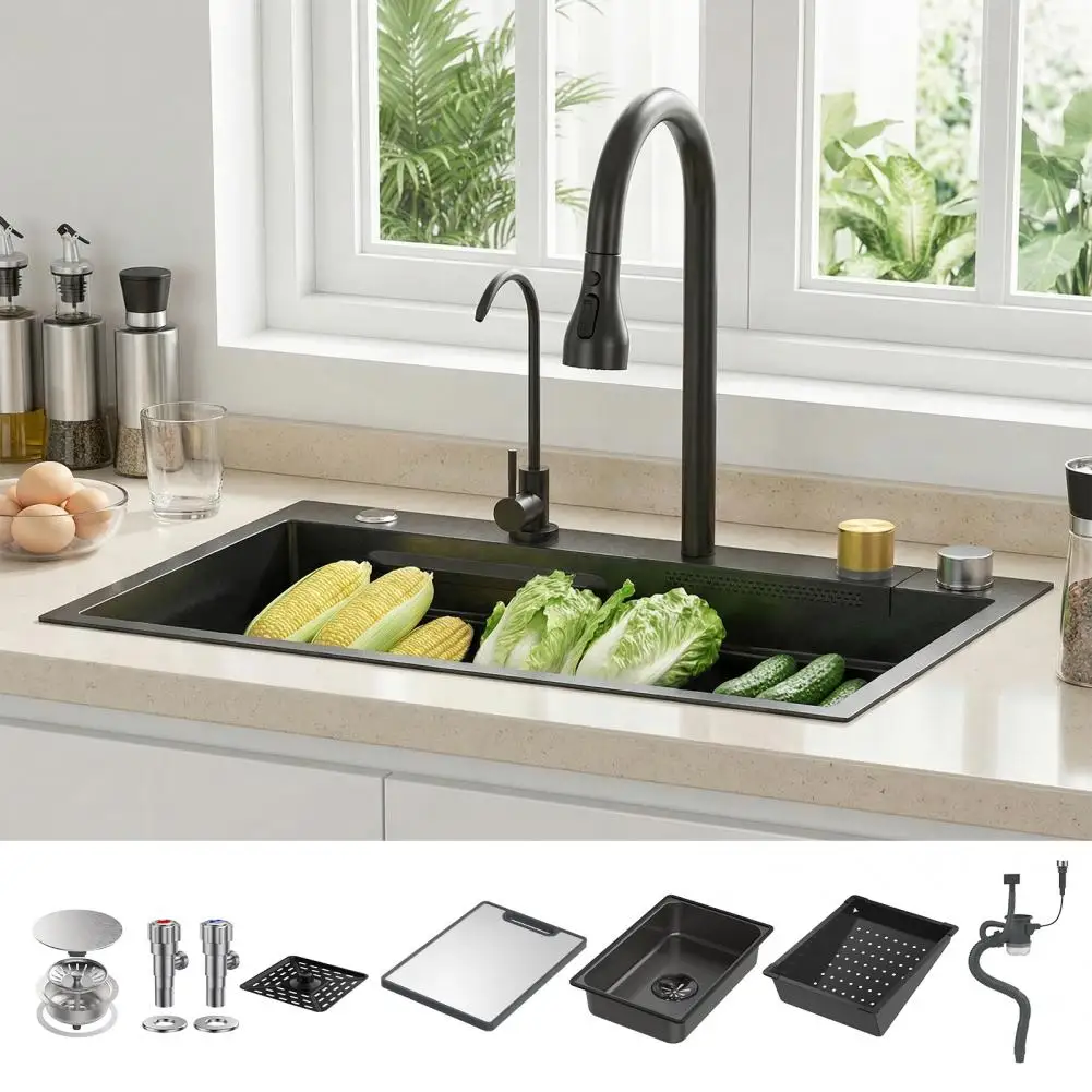 

26.8×17.7in Waterfall Kitchen Sink, Stainless Steel Single Bowl Farmhouse Sink with Cup Rinser Drop In Undermount Workstation
