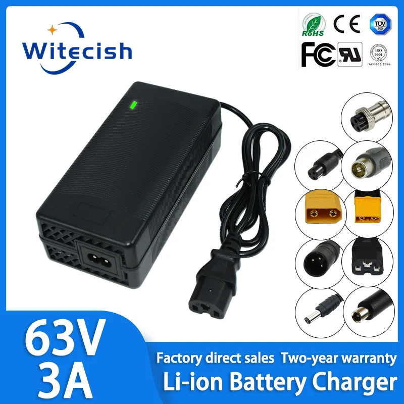 63V 3A Lithium-Batterie-Ladegerät für 55,5V 15S Lithium-Batterie, intelligentes Ladegerät mit Lüfter IEC/XT60/XT90/DC/XLR zur Auswahl verfügbar