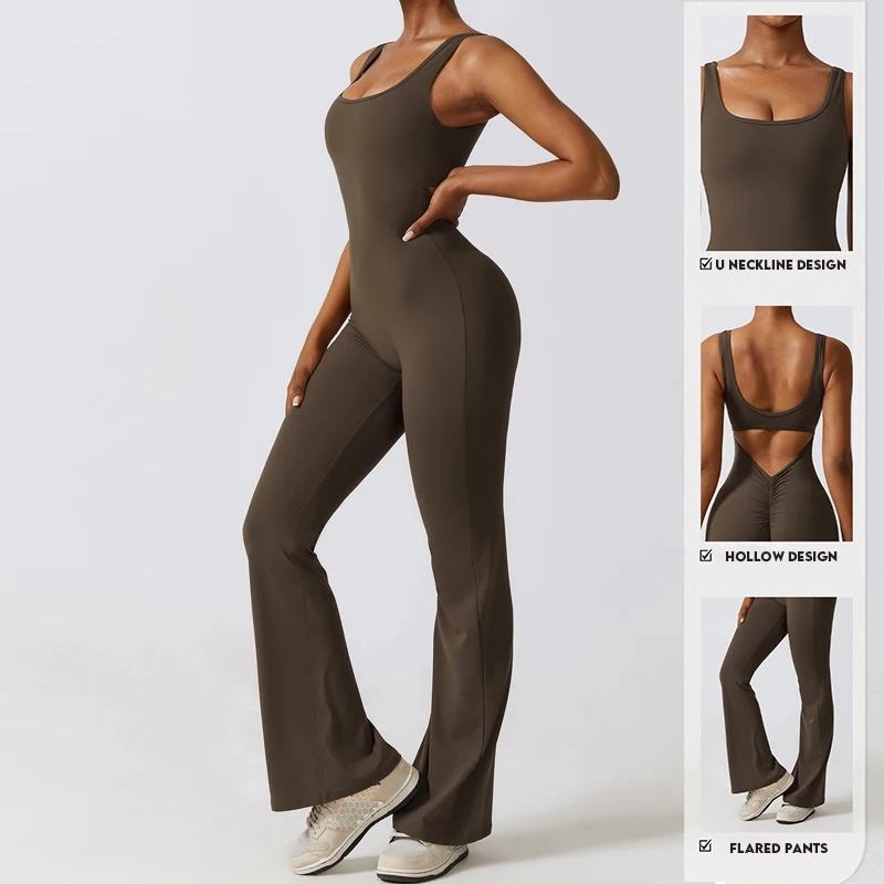 V Back Scrunch Gym Set Women Sport One-Piece Suit Yoga Suit Flared Pants Women Sports Jumpsuit Fitness Rompers Workout Bodysuits