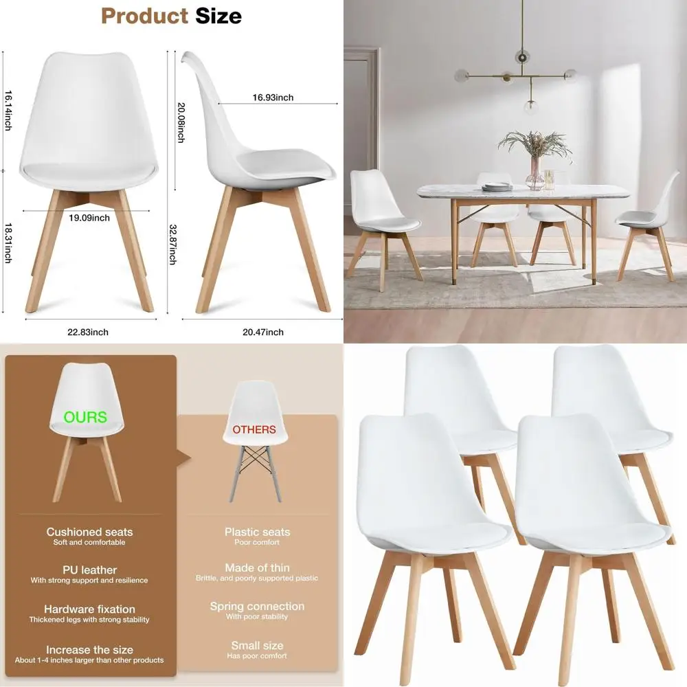 

4 современных обеденных стула с деревянными ножками и сиденьями из искусственной кожи, подходят для кухни, гостиной, спальни или уличной зоны отдыха, белые