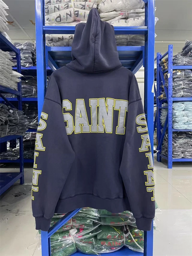 Autumn Winter VTG Saint Medal Letter Print Washed Hoodie Cotton For Men Women Casual Hip Hop Oversize High Street Streetwear