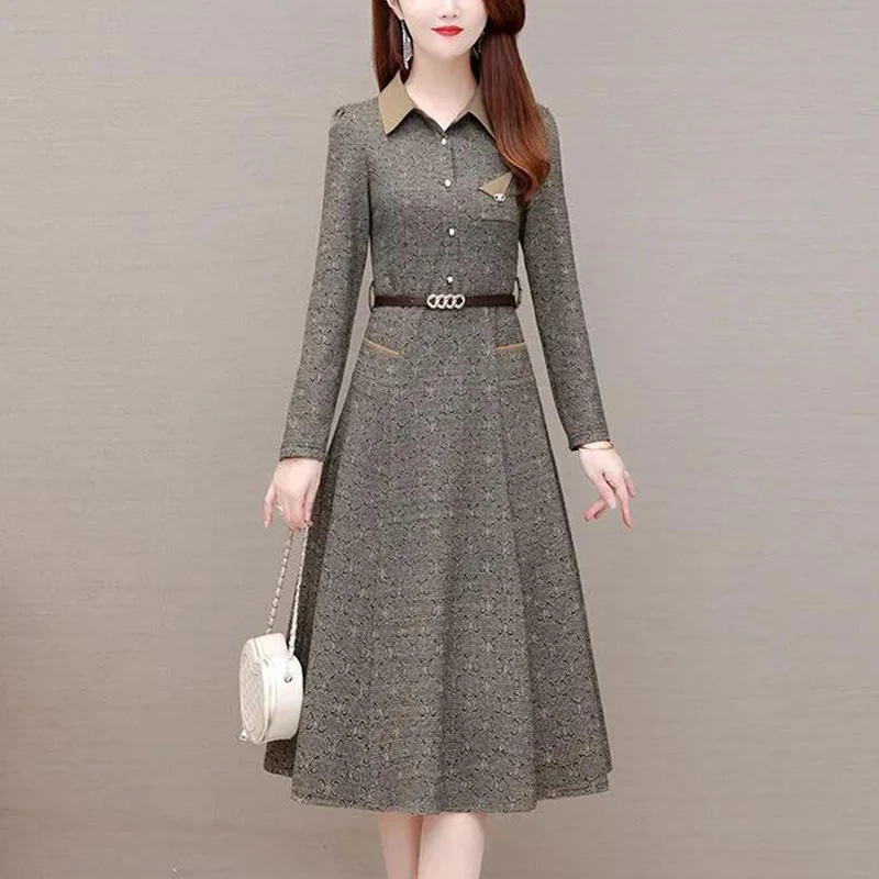 Autumn Winter Polo-neck Elegant Fashion Waist A-line Dress Female Vintage Printing Long Sleeve Belt Robe Women Casual Vestidos