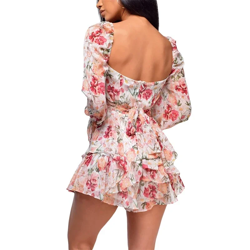 Robe Sexy à col carré pour femmes, tenue à bandes florales, taille haute, manches longues, dos nu, Mini, tenue de soirée, 2025