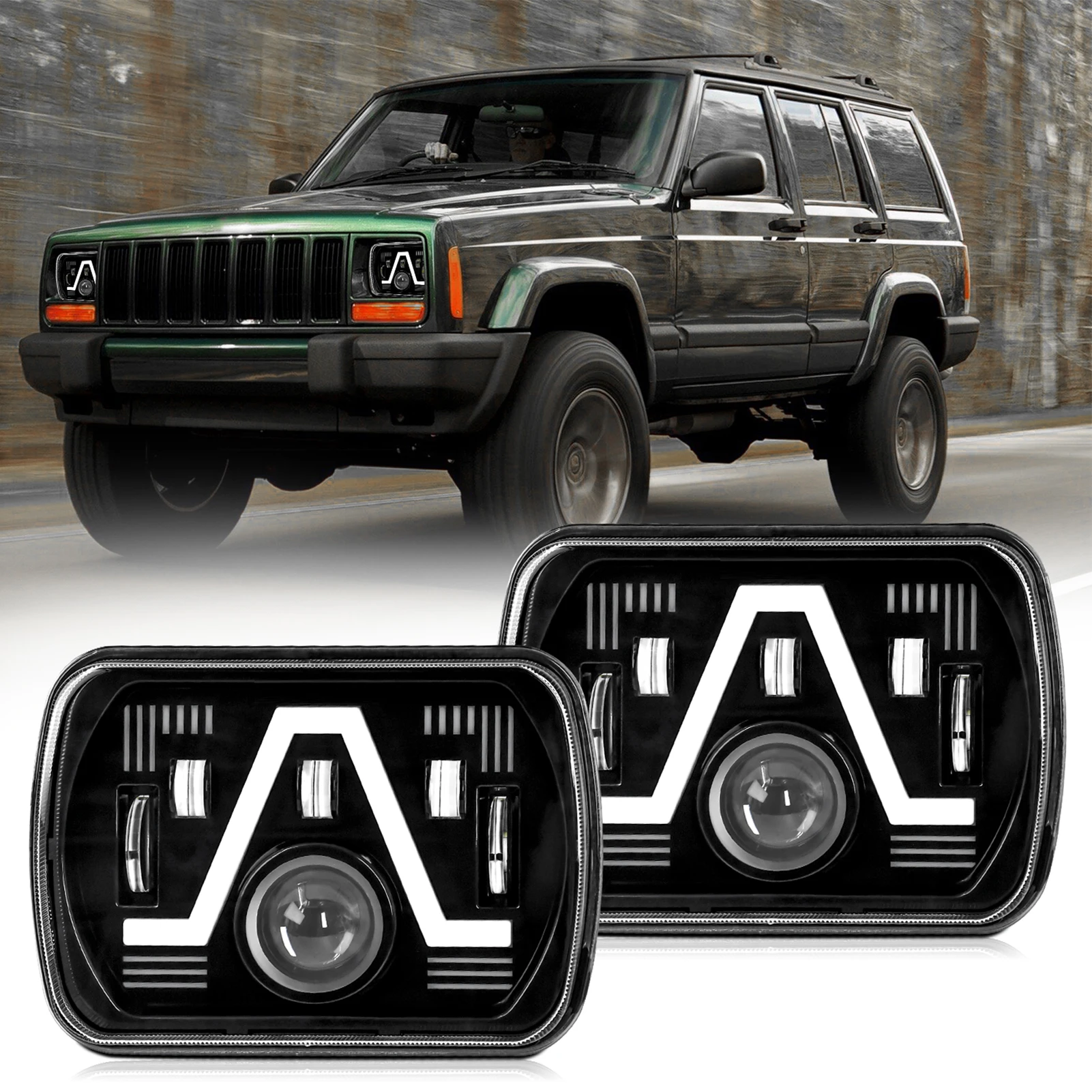 

2PCS 7 Inch LED Headlights, 5x7'' 7x6'' Rectangular LED Headlights with High Low Beam DRL Turn Signal Replacement for Jeep