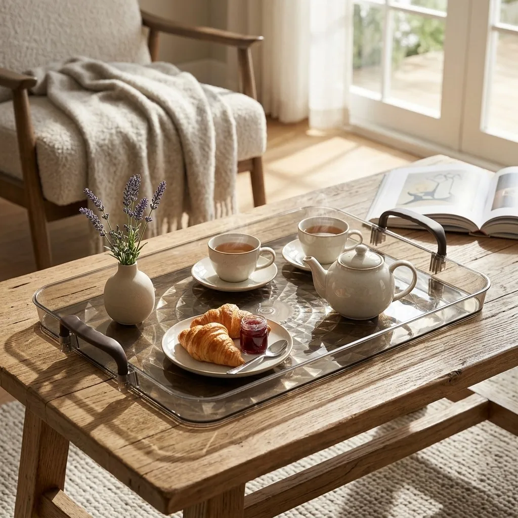Transparent Plastic Food Serving Tray with Handles Large Capacity Stackable Rectangular Tea Coffee Food Dishes Kitchen Tableware
