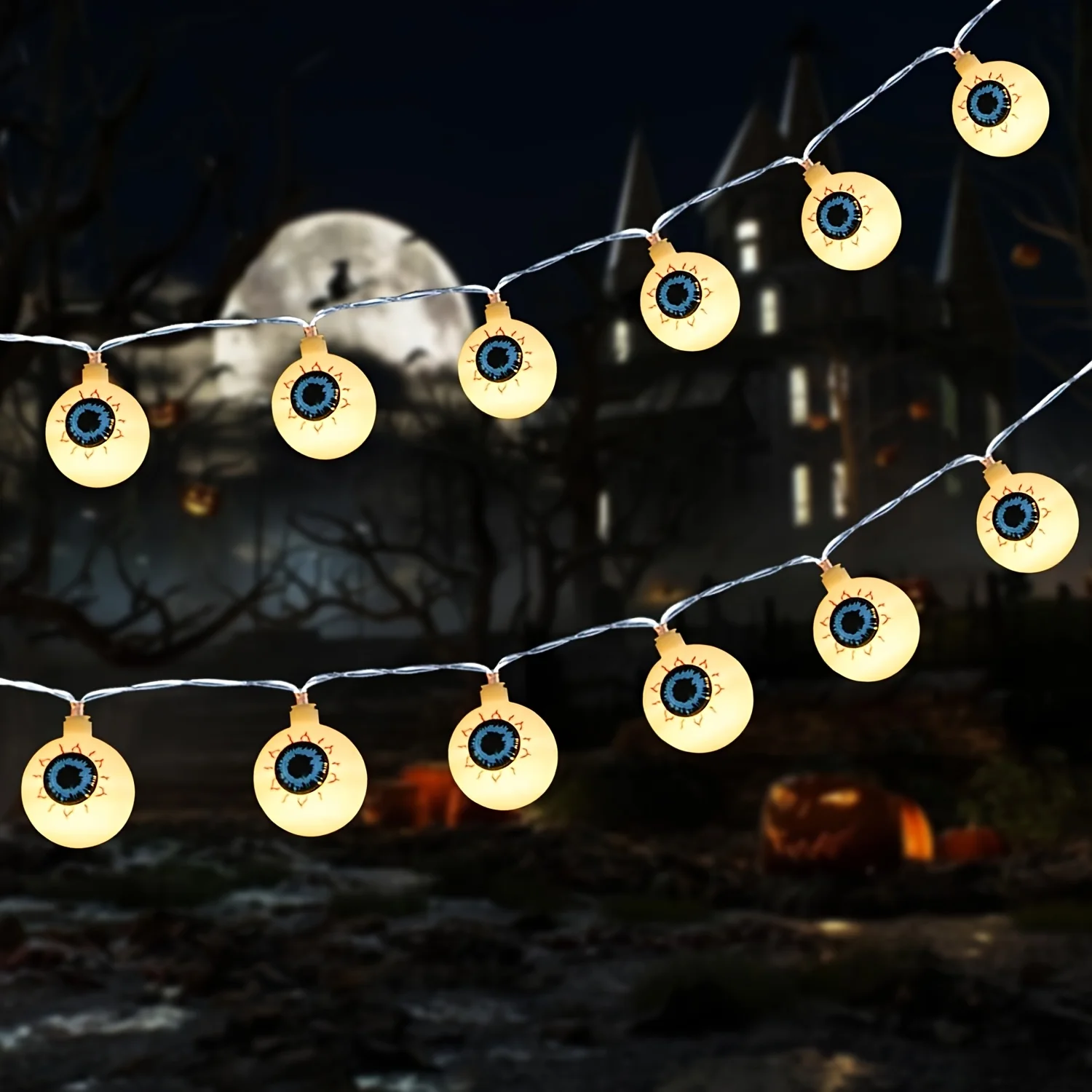 Lampu Hias Halloween Bentuk Mata Menyeramkan, Lampu LED Gantung DIY Bertenaga Baterai untuk Dekorasi Pesta Festival Dalam & Luar Ruangan