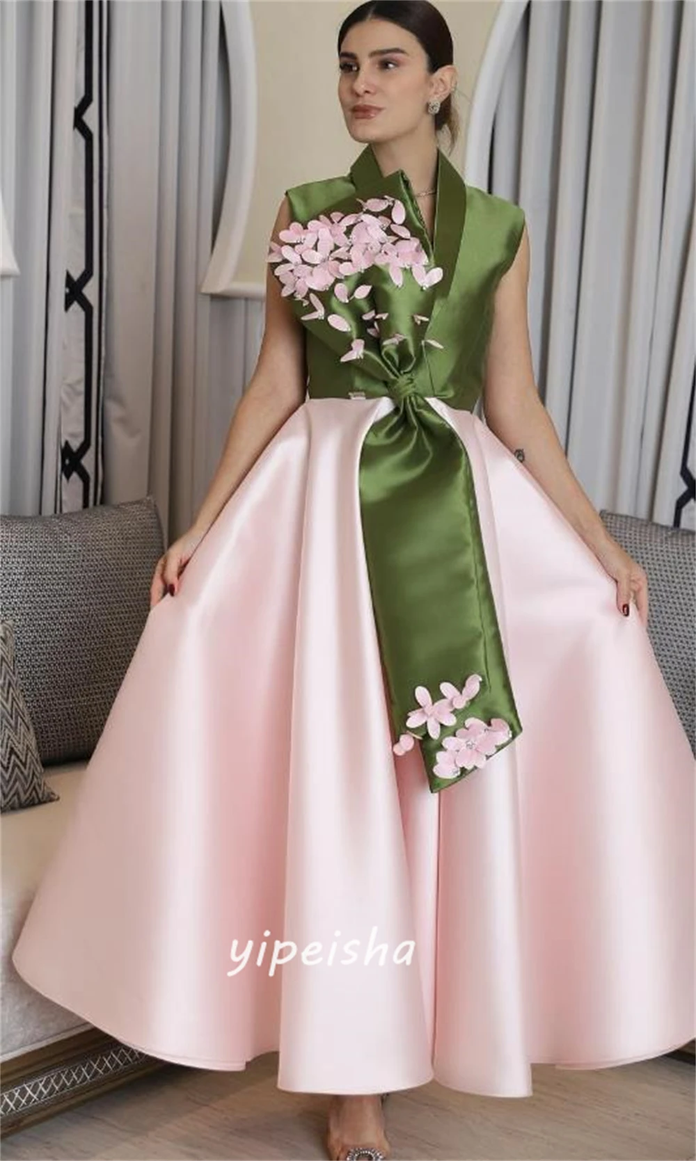 

Sparkle Exquisite High Quality Satin Flower Beading Ruched Homecoming A-line V-neck Bespoke Occasion Gown Midi Dresses