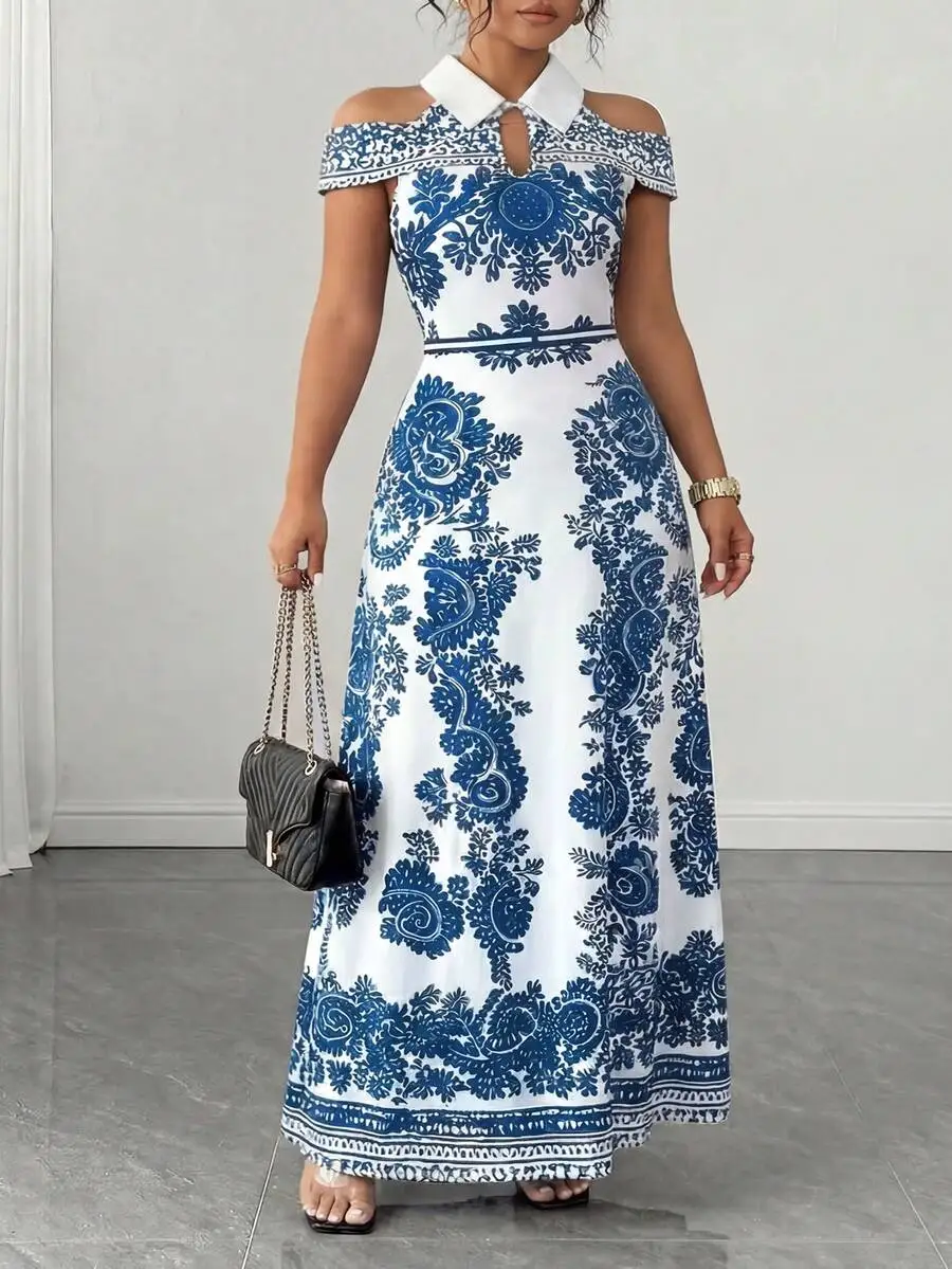 

Blue And White Floral Print Off Shoulder Shirt Dress With Collar, A-Line Silhouette, Plus Size For Spring Summer