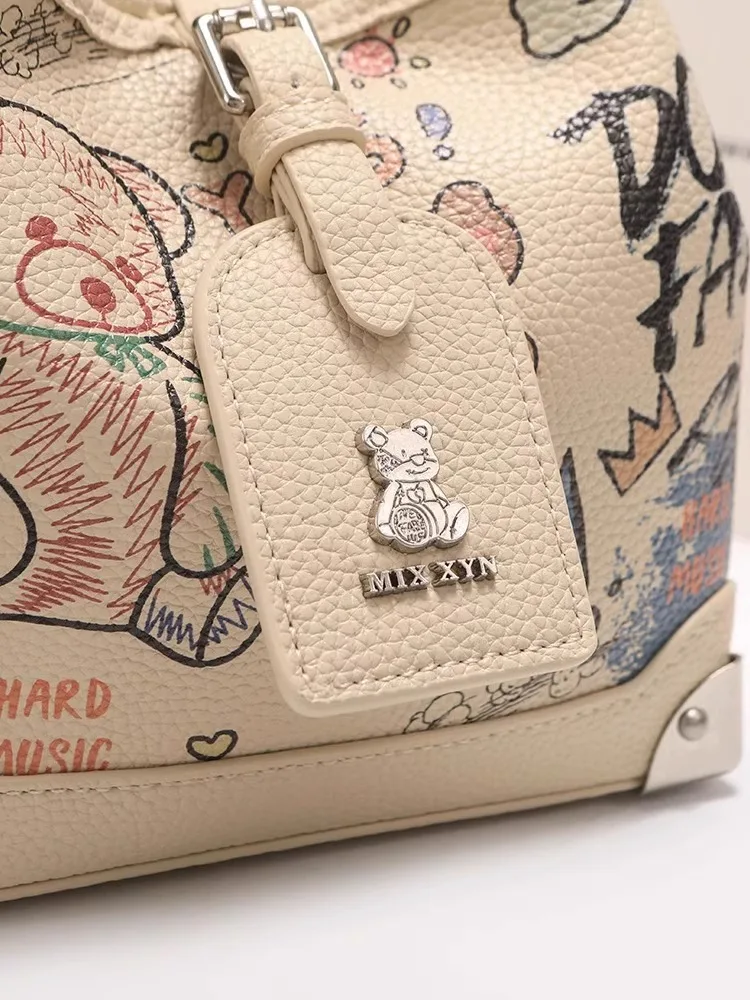 Cute Little Bear Handheld Leather Bucket Bag with Graffiti Pattern 2024 Newly Trendy Shoulder Handbag for Children and Women